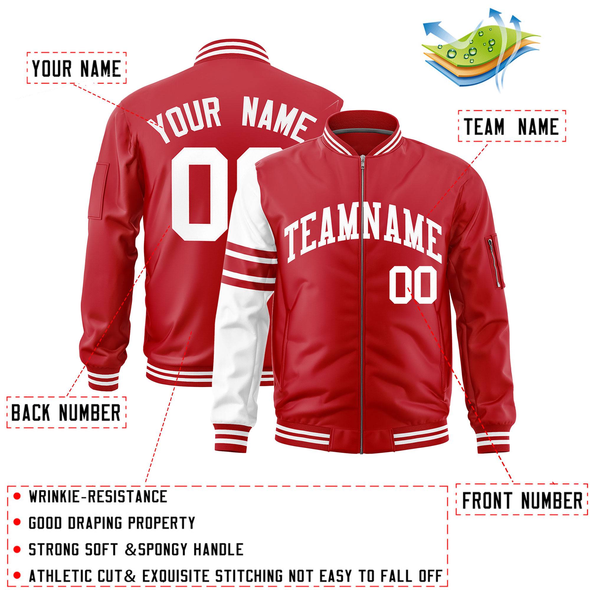 Custom Red White Varsity Full-Zip Raglan Sleeves Stripe Letterman Bomber Jacket