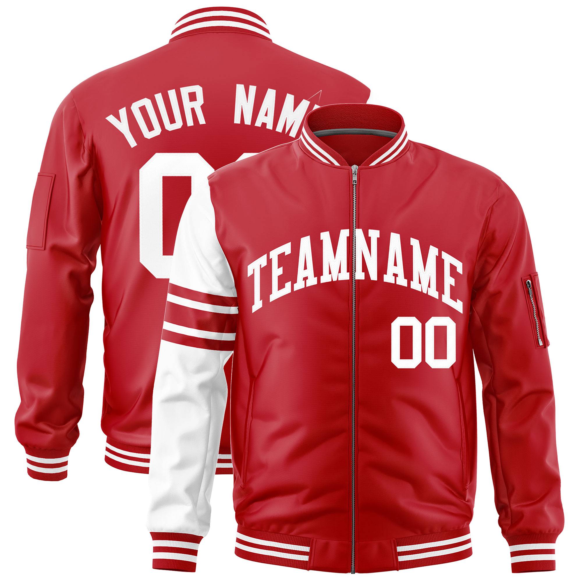 Custom Red White Varsity Full-Zip Raglan Sleeves Stripe Letterman Bomber Jacket