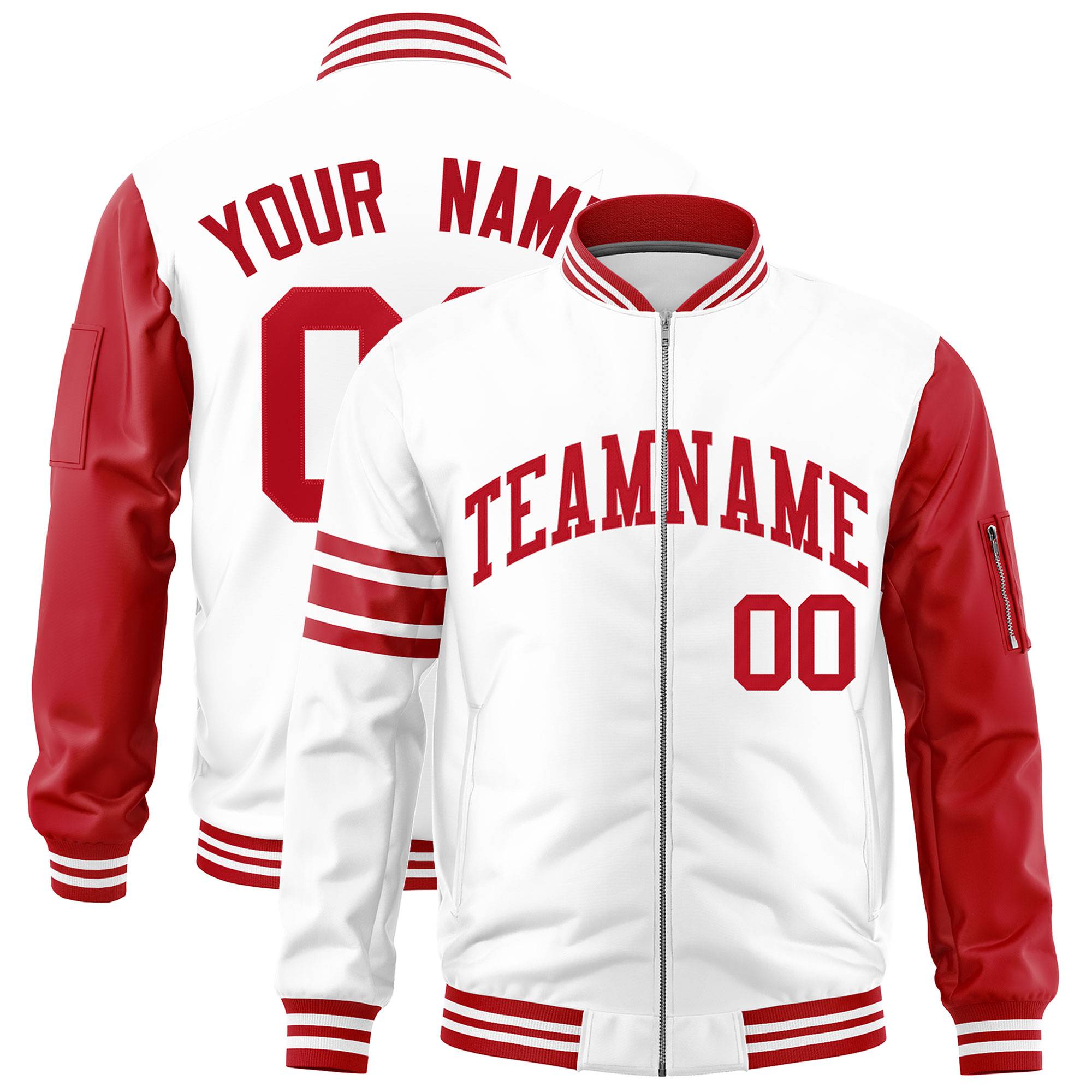 Custom White Red Varsity Full-Zip Raglan Sleeves Stripe Letterman Bomber Jacket