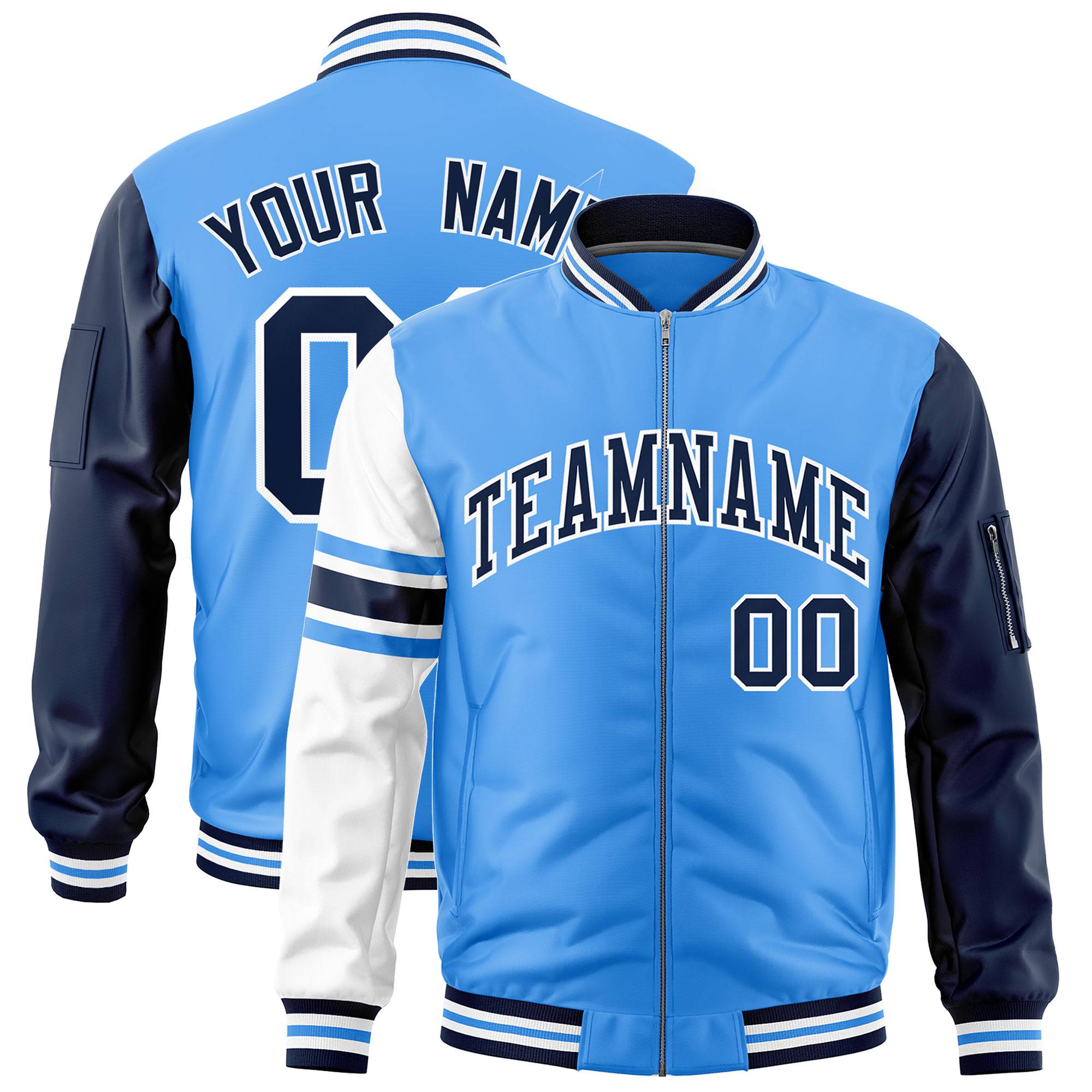 Custom Powder Blue Navy-White Varsity Full-Zip Raglan Sleeves Stripe Letterman Bomber Jacket