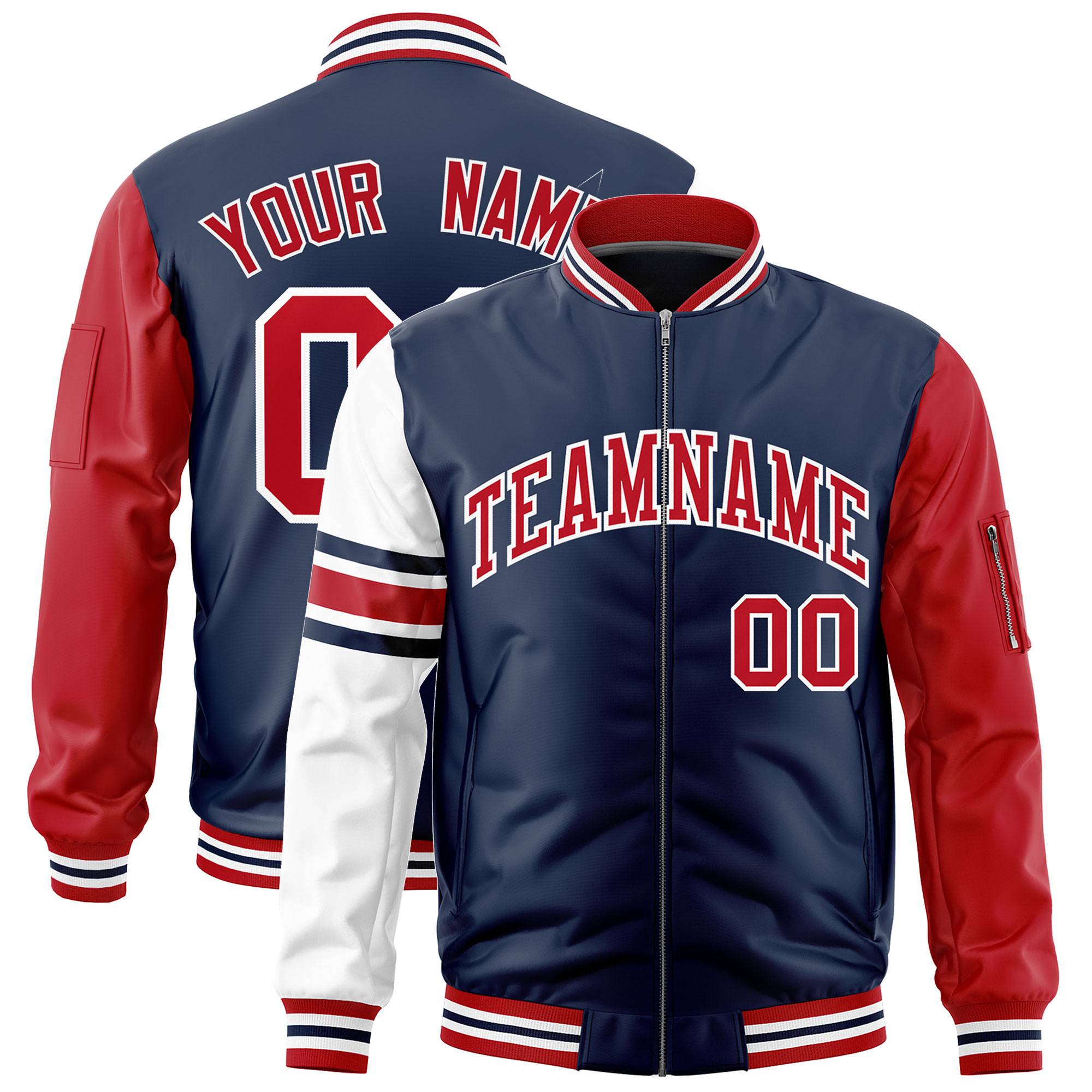 Custom Navy Red-White Varsity Full-Zip Raglan Sleeves Stripe Letterman Bomber Jacket