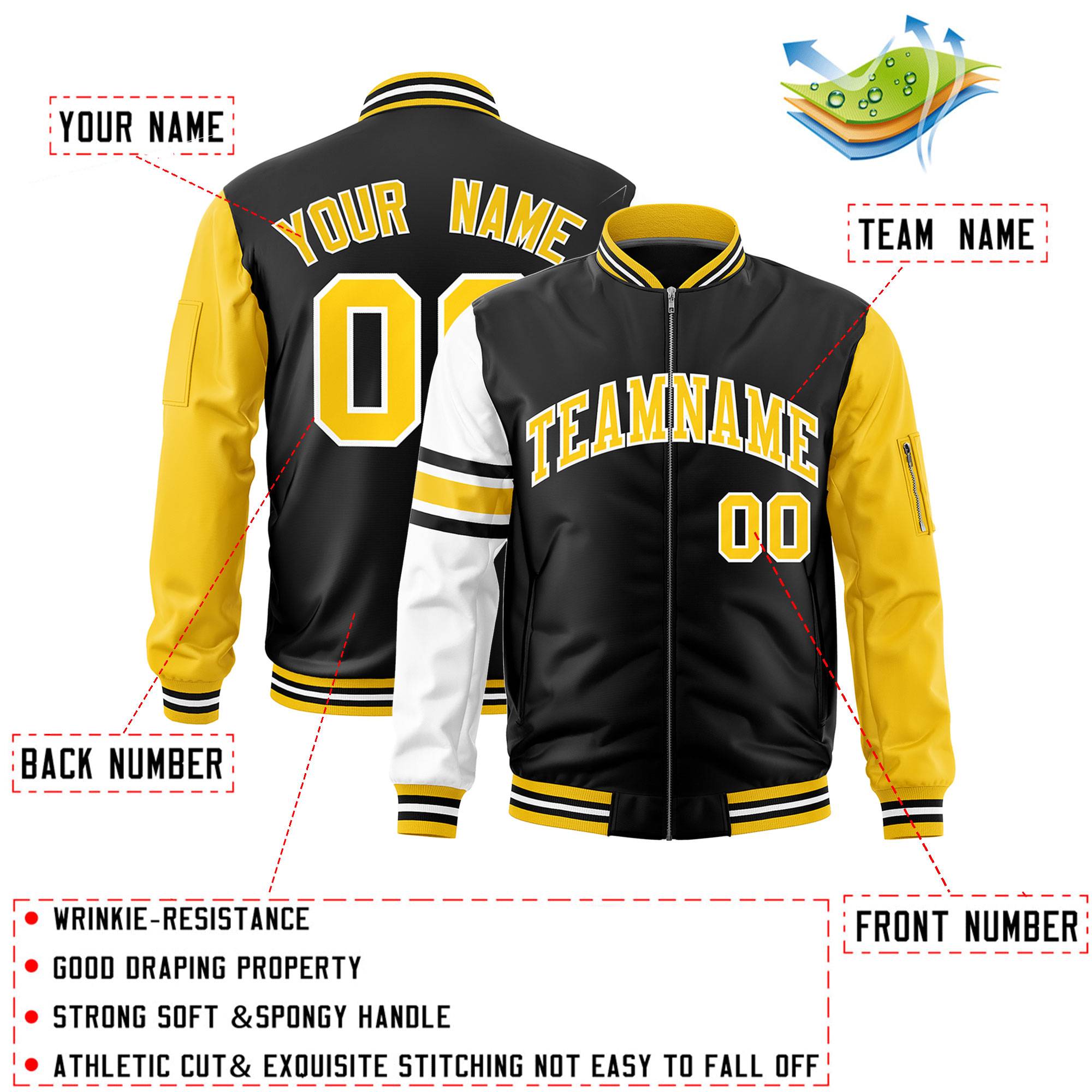 Custom Black Gold-White Varsity Full-Zip Raglan Sleeves Stripe Letterman Bomber Jacket