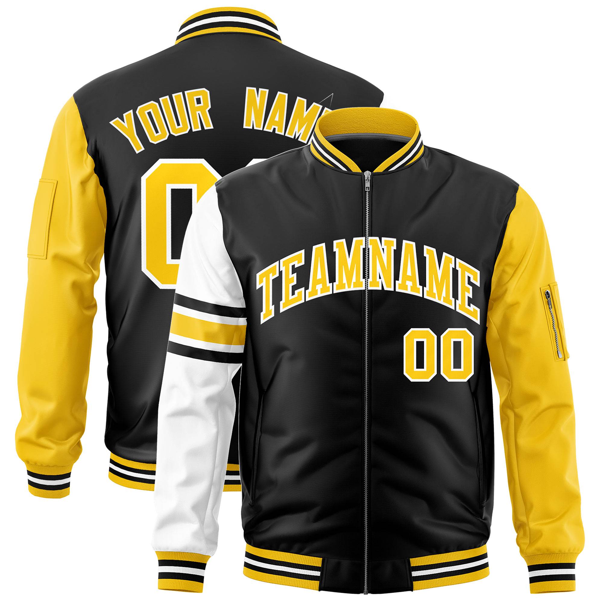 Custom Black Gold-White Varsity Full-Zip Raglan Sleeves Stripe Letterman Bomber Jacket