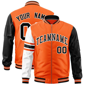 Custom Orange Black-White Varsity Full-Zip Raglan Sleeves Stripe Letterman Bomber Jacket