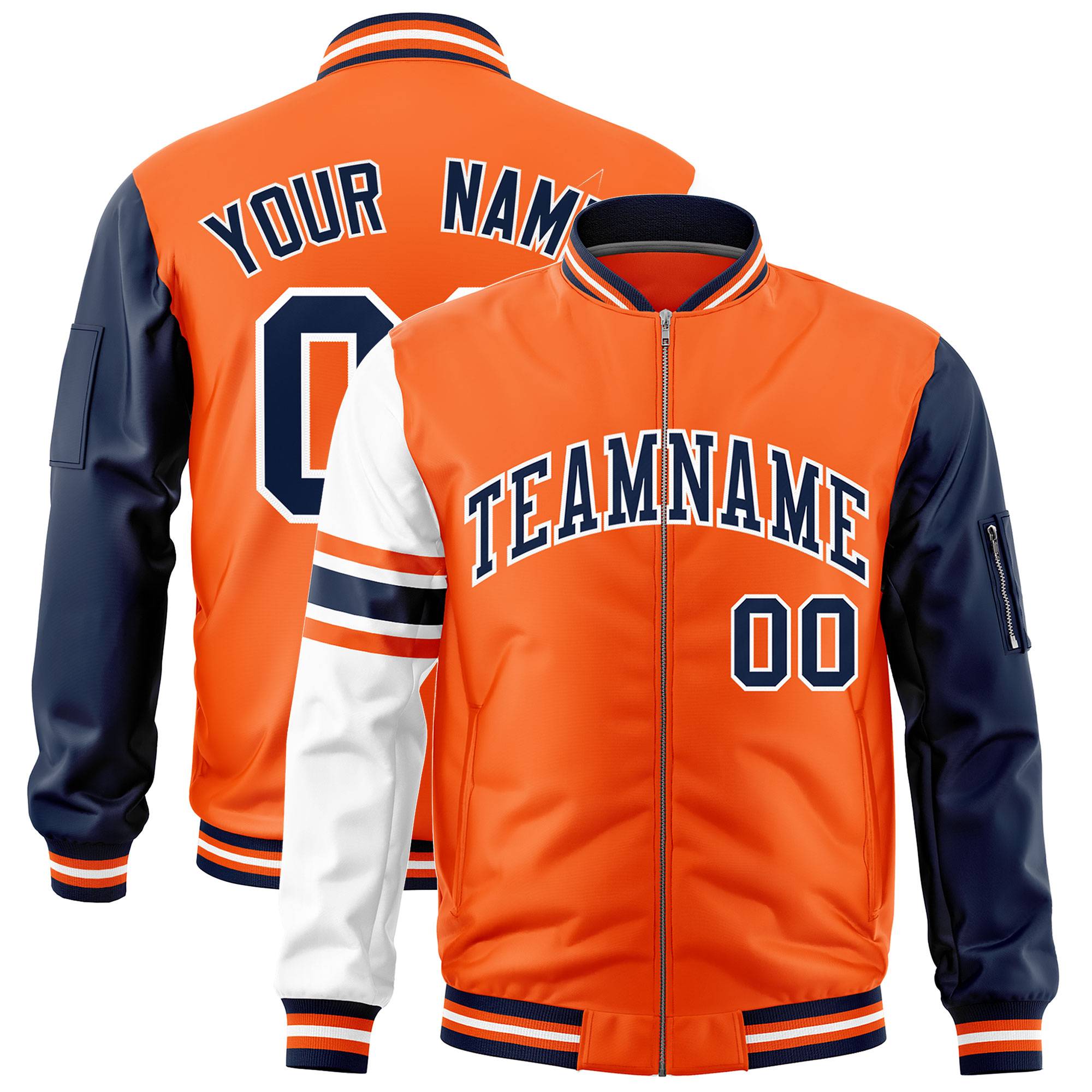 Custom Orange Navy-White Varsity Full-Zip Raglan Sleeves Stripe Letterman Bomber Jacket