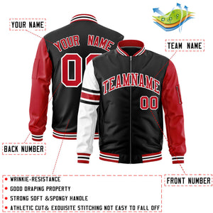 Custom Black Red-White Varsity Full-Zip Raglan Sleeves Stripe Letterman Bomber Jacket