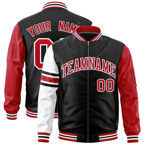 Custom Black Red-White Varsity Full-Zip Raglan Sleeves Stripe Letterman Bomber Jacket