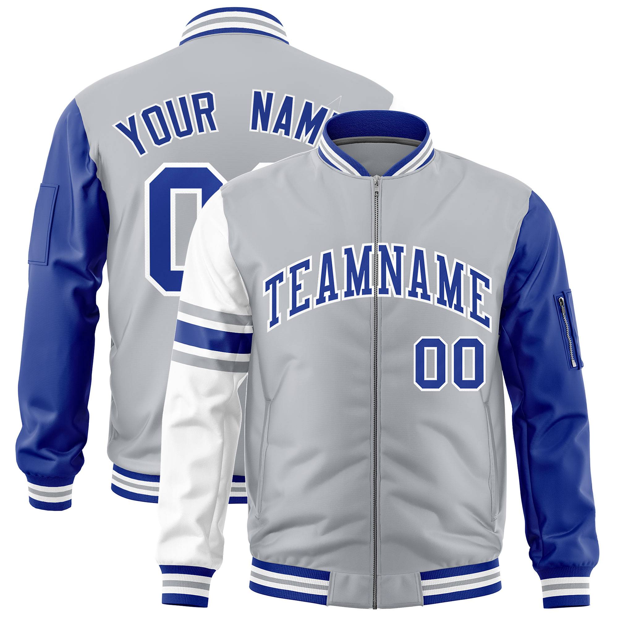 Custom Silver Royal-White Varsity Full-Zip Raglan Sleeves Stripe Letterman Bomber Jacket