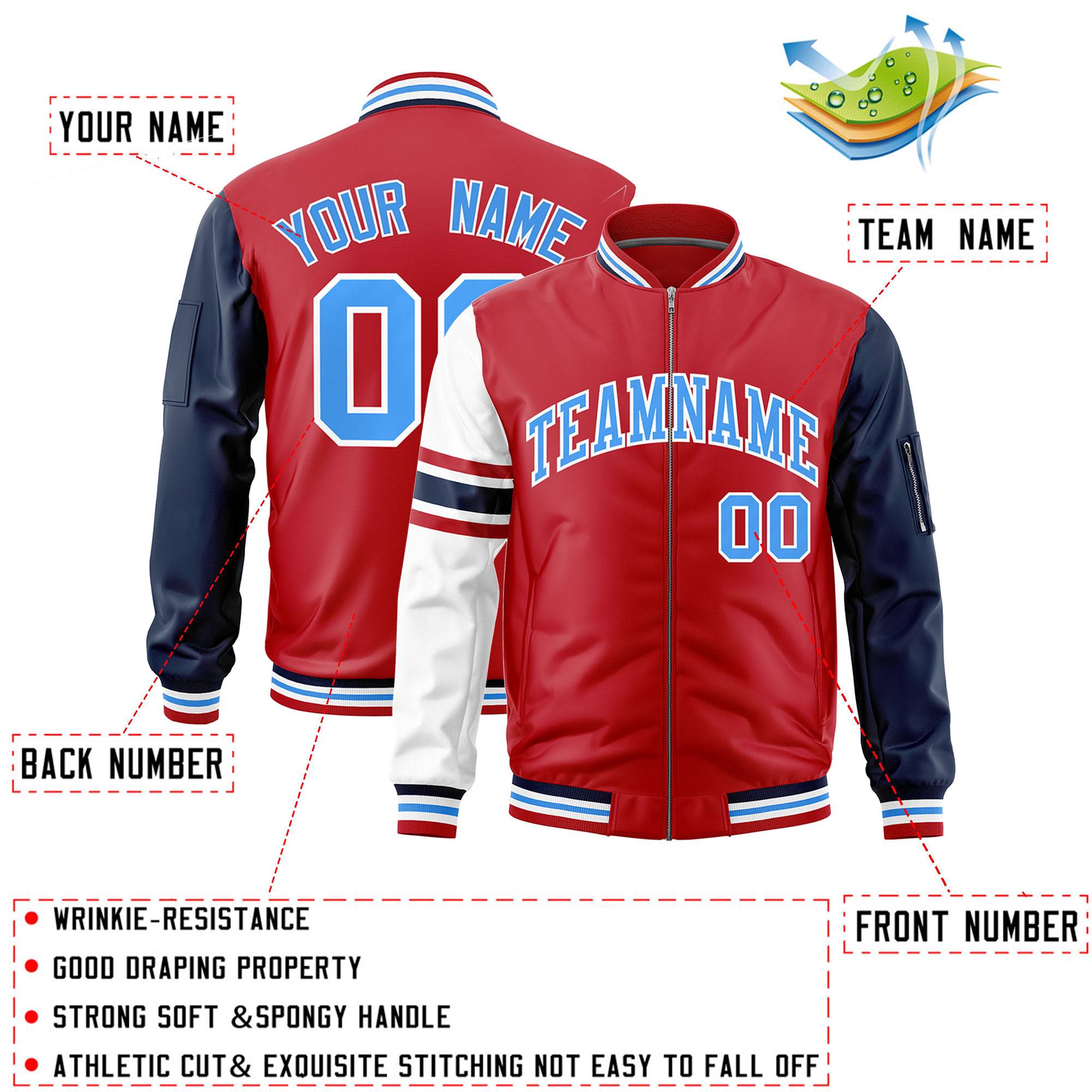 Custom Red Navy-White Varsity Full-Zip Raglan Sleeves Stripe Letterman Bomber Jacket