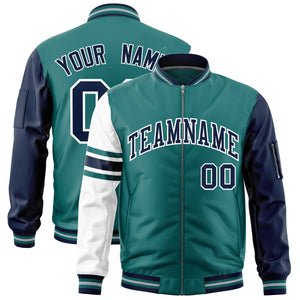 Custom Aqua Navy-White Varsity Full-Zip Raglan Sleeves Stripe Letterman Bomber Jacket