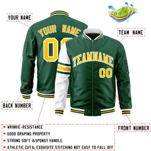 Custom Green White Varsity Full-Zip Raglan Sleeves Stripe Letterman Bomber Jacket