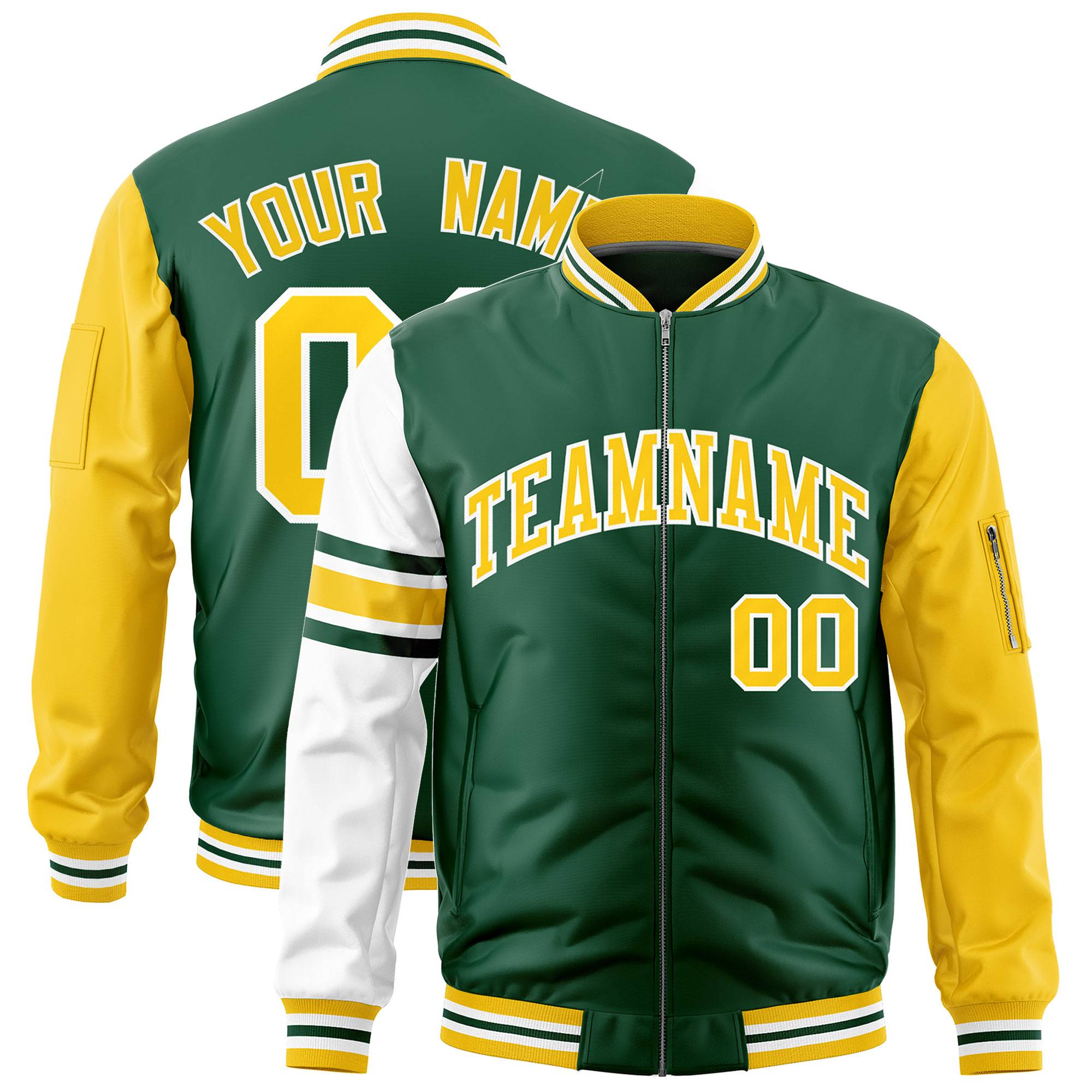 Custom Green Gold-White Varsity Full-Zip Raglan Sleeves Stripe Letterman Bomber Jacket