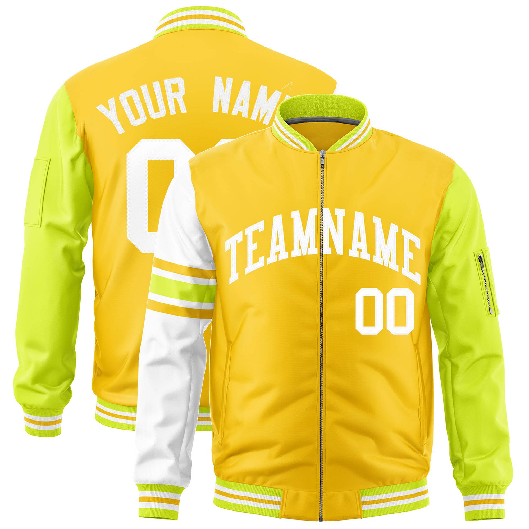 Custom Gold Fluorescent Green-White Varsity Full-Zip Raglan Sleeves Stripe Letterman Bomber Jacket