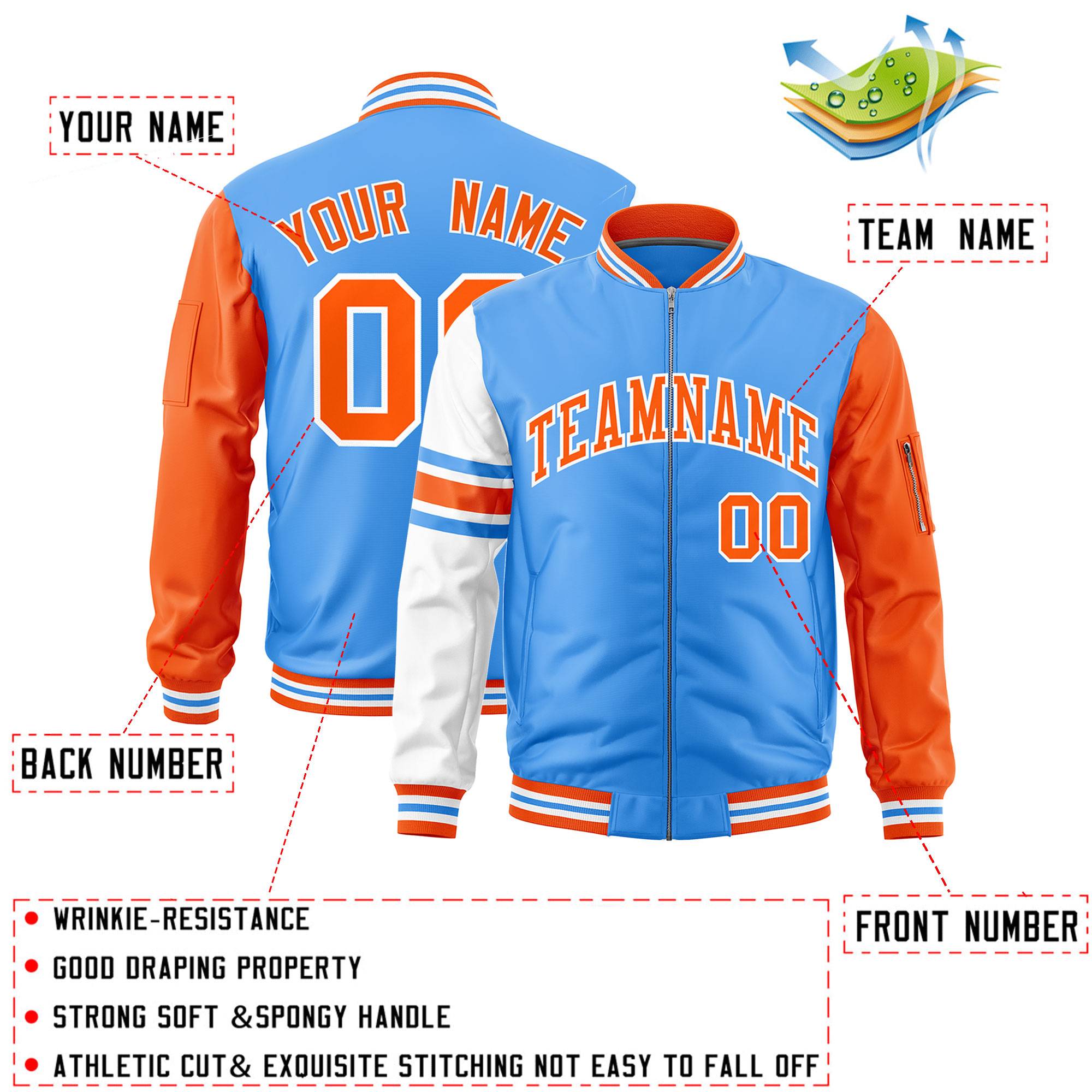 Custom Powder Blue Orange-White Varsity Full-Zip Raglan Sleeves Stripe Letterman Bomber Jacket