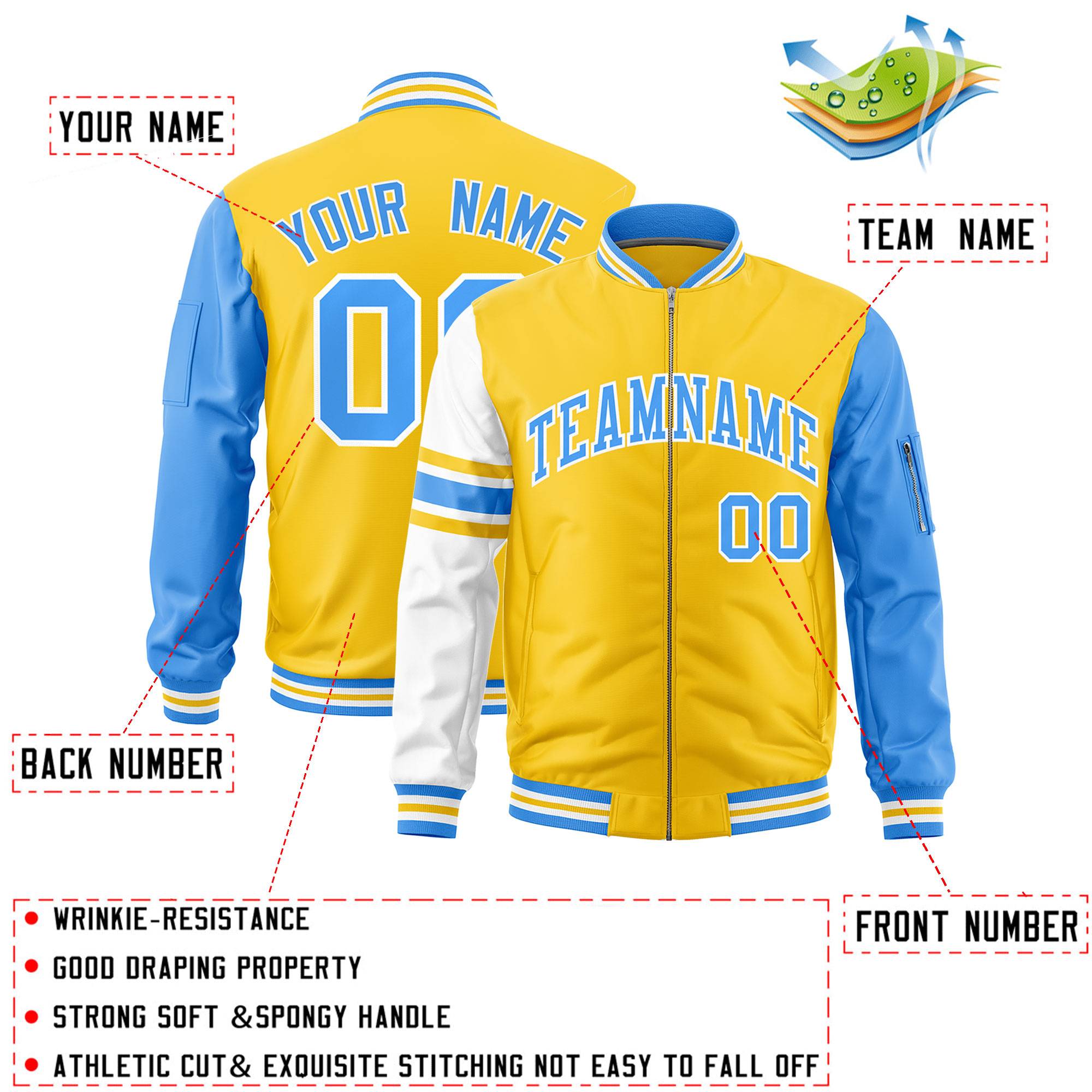 Custom Gold Powder Blue-White Varsity Full-Zip Raglan Sleeves Stripe Letterman Bomber Jacket