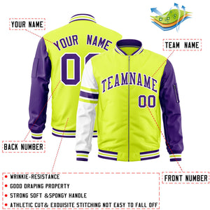 Custom Fluorescent Green Purple-White Varsity Full-Zip Raglan Sleeves Stripe Letterman Bomber Jacket