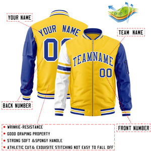 Custom Gold Royal-White Varsity Full-Zip Raglan Sleeves Stripe Letterman Bomber Jacket