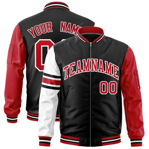 Custom Black Red-White Varsity Full-Zip Raglan Sleeves Stripe Letterman Bomber Jacket