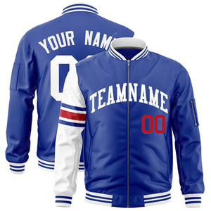 Custom Royal White Varsity Full-Zip Raglan Sleeves Stripe Letterman Bomber Jacket