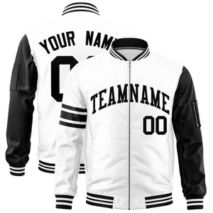 Custom White Black Varsity Full-Zip Raglan Sleeves Stripe Letterman Bomber Jacket