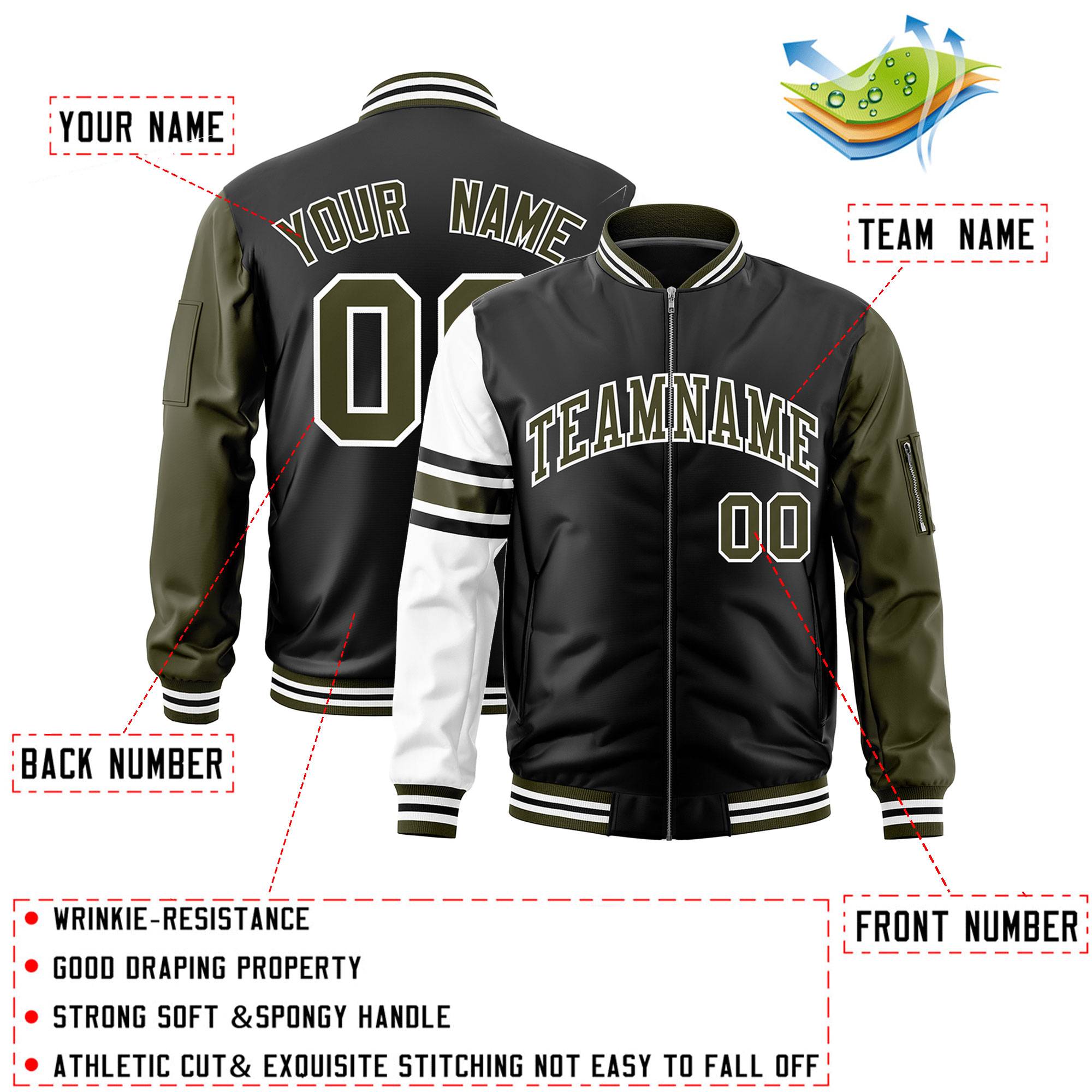 Custom Black Olive-White Varsity Full-Zip Raglan Sleeves Stripe Letterman Bomber Jacket