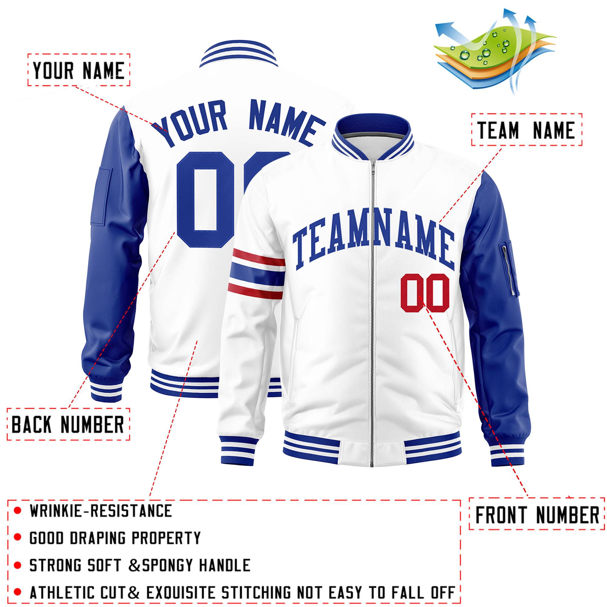 Custom White Royal Varsity Full-Zip Raglan Sleeves Stripe Letterman Bomber Jacket