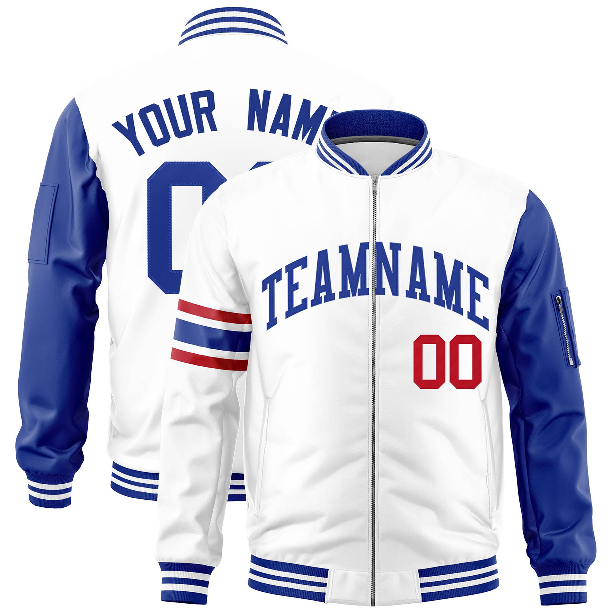 Custom White Royal Varsity Full-Zip Raglan Sleeves Stripe Letterman Bomber Jacket