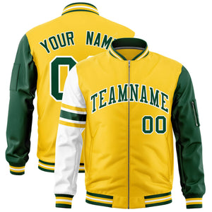 Custom Gold Green-White Varsity Full-Zip Raglan Sleeves Stripe Letterman Bomber Jacket