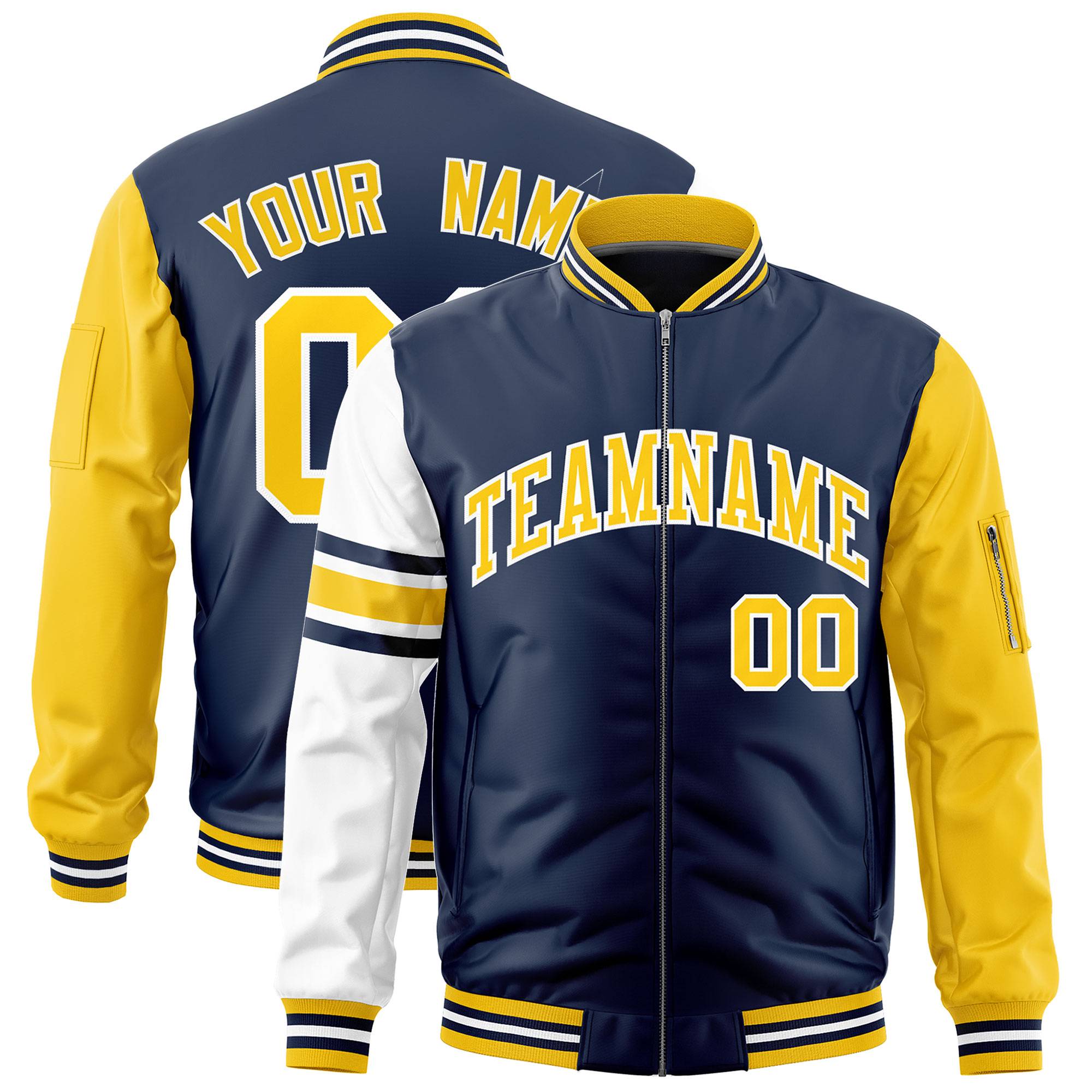 Custom Navy Gold-White Varsity Full-Zip Raglan Sleeves Stripe Letterman Bomber Jacket