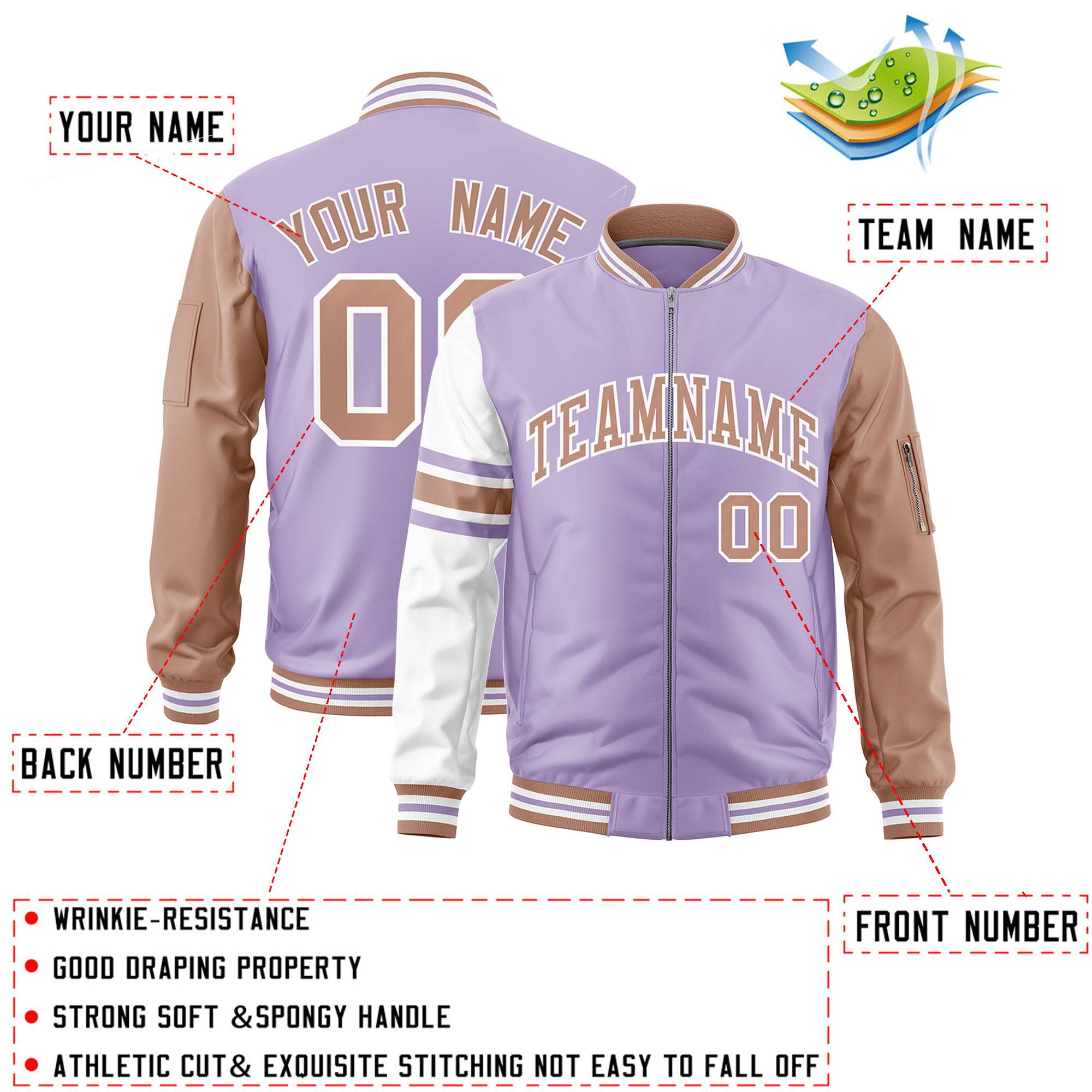 Custom Light Purple Coffee Brown-White Varsity Full-Zip Raglan Sleeves Stripe Letterman Bomber Jacket