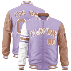 Custom Light Purple Coffee Brown-White Varsity Full-Zip Raglan Sleeves Stripe Letterman Bomber Jacket