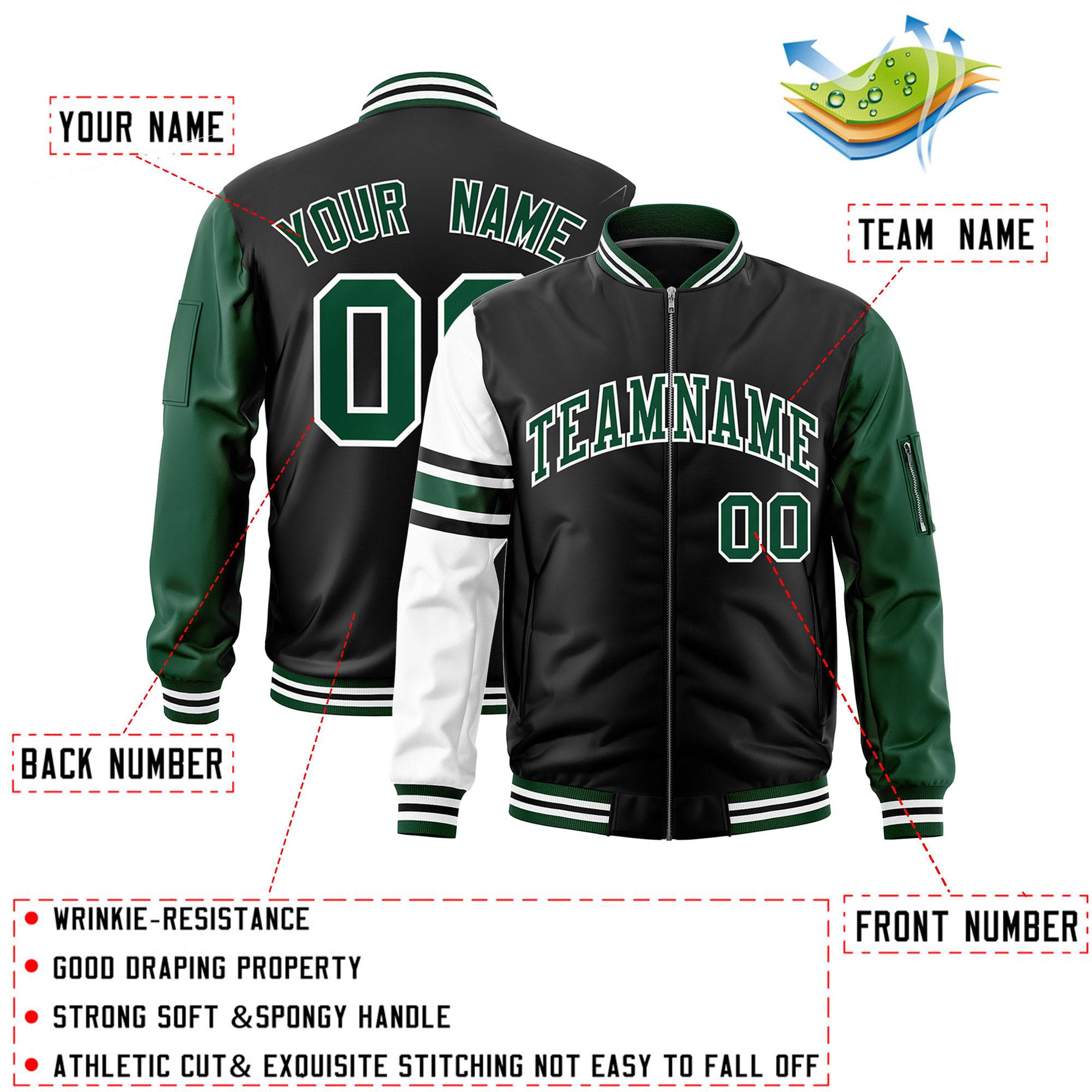 Custom Black Green-White Varsity Full-Zip Raglan Sleeves Stripe Letterman Bomber Jacket