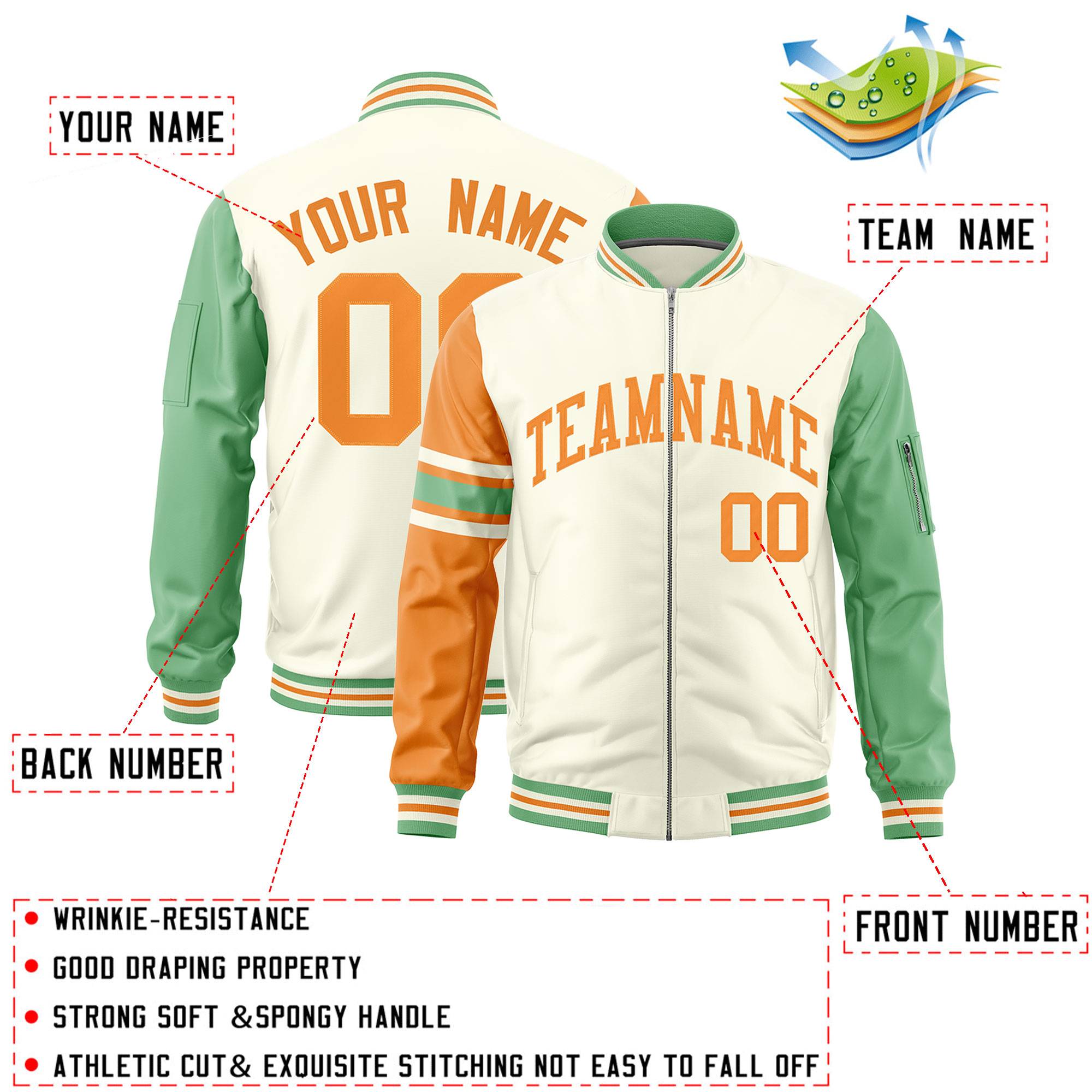 Custom Cream Orange-Green Varsity Full-Zip Raglan Sleeves Stripe Letterman Bomber Jacket