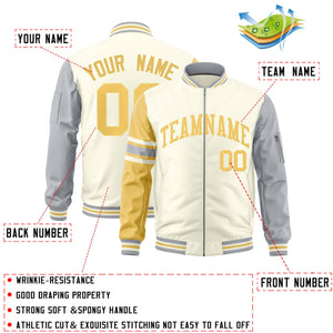 Custom Cream Khaki-Silver Varsity Full-Zip Raglan Sleeves Stripe Letterman Bomber Jacket