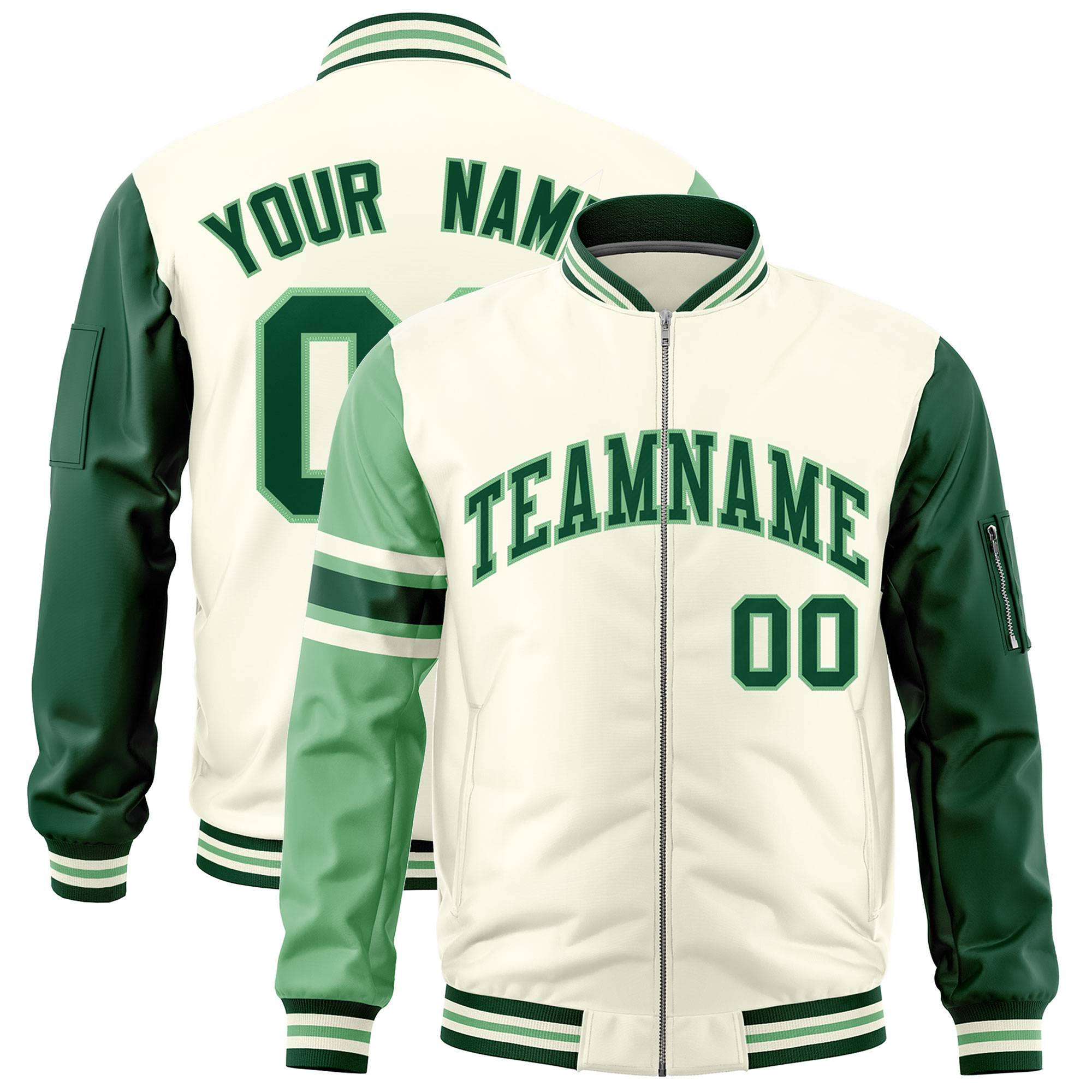 Custom Cream Green-Light Green Varsity Full-Zip Raglan Sleeves Stripe Letterman Bomber Jacket