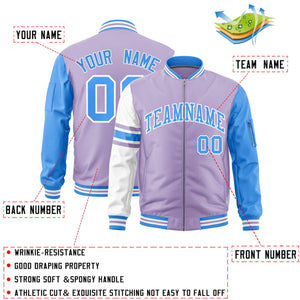 Custom Light Purple Powder Blue-White Varsity Full-Zip Raglan Sleeves Stripe Letterman Bomber Jacket