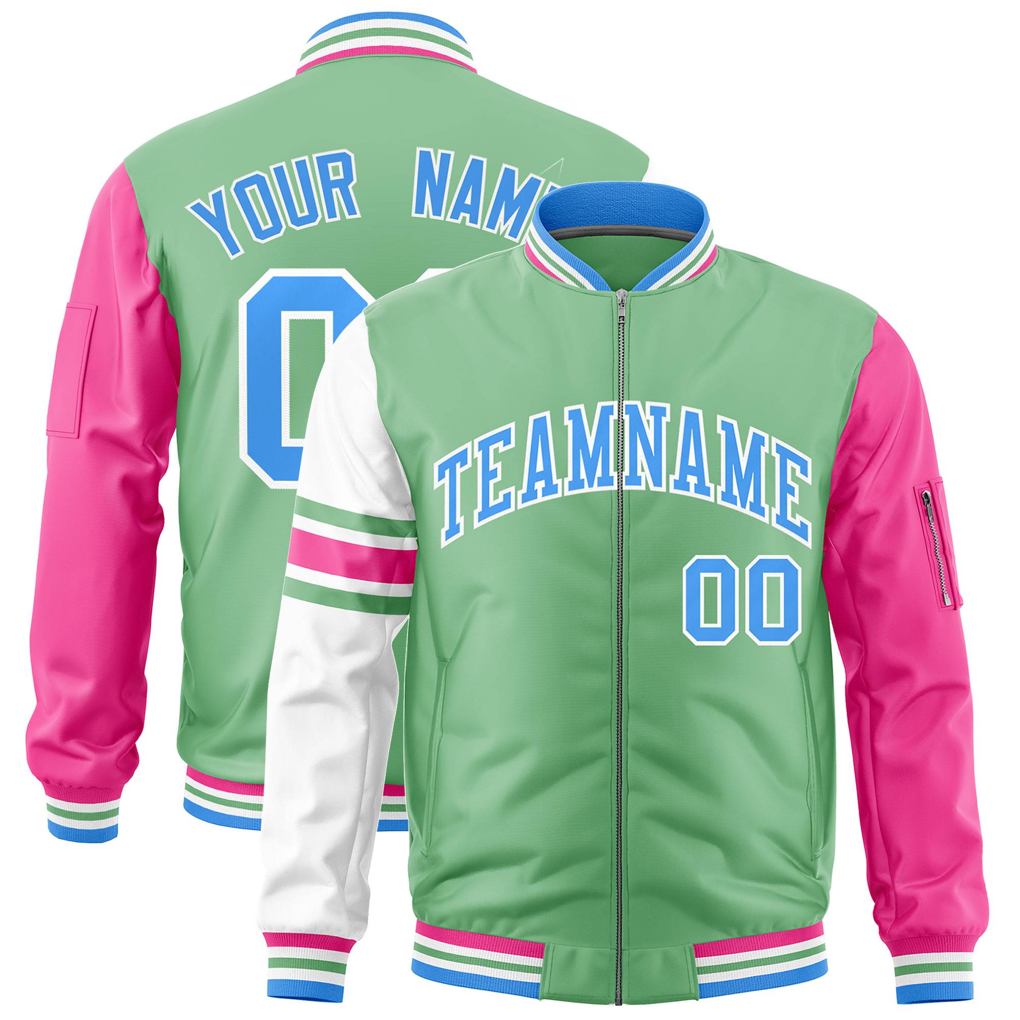 Custom Light Green Pink-White Varsity Full-Zip Raglan Sleeves Stripe Letterman Bomber Jacket