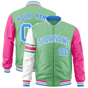 Custom Light Green Pink-White Varsity Full-Zip Raglan Sleeves Stripe Letterman Bomber Jacket