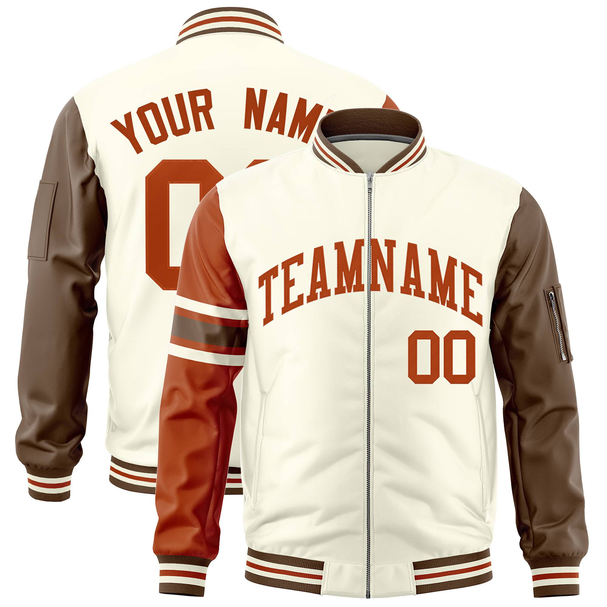 Custom Cream Texas Orange-Light Brown Varsity Full-Zip Raglan Sleeves Stripe Letterman Bomber Jacket