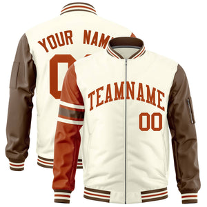 Custom Cream Texas Orange-Light Brown Varsity Full-Zip Raglan Sleeves Stripe Letterman Bomber Jacket