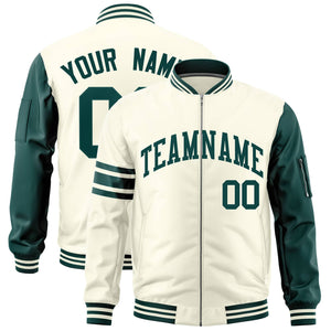 Custom Cream Midnight Green Varsity Full-Zip Raglan Sleeves Stripe Letterman Bomber Jacket