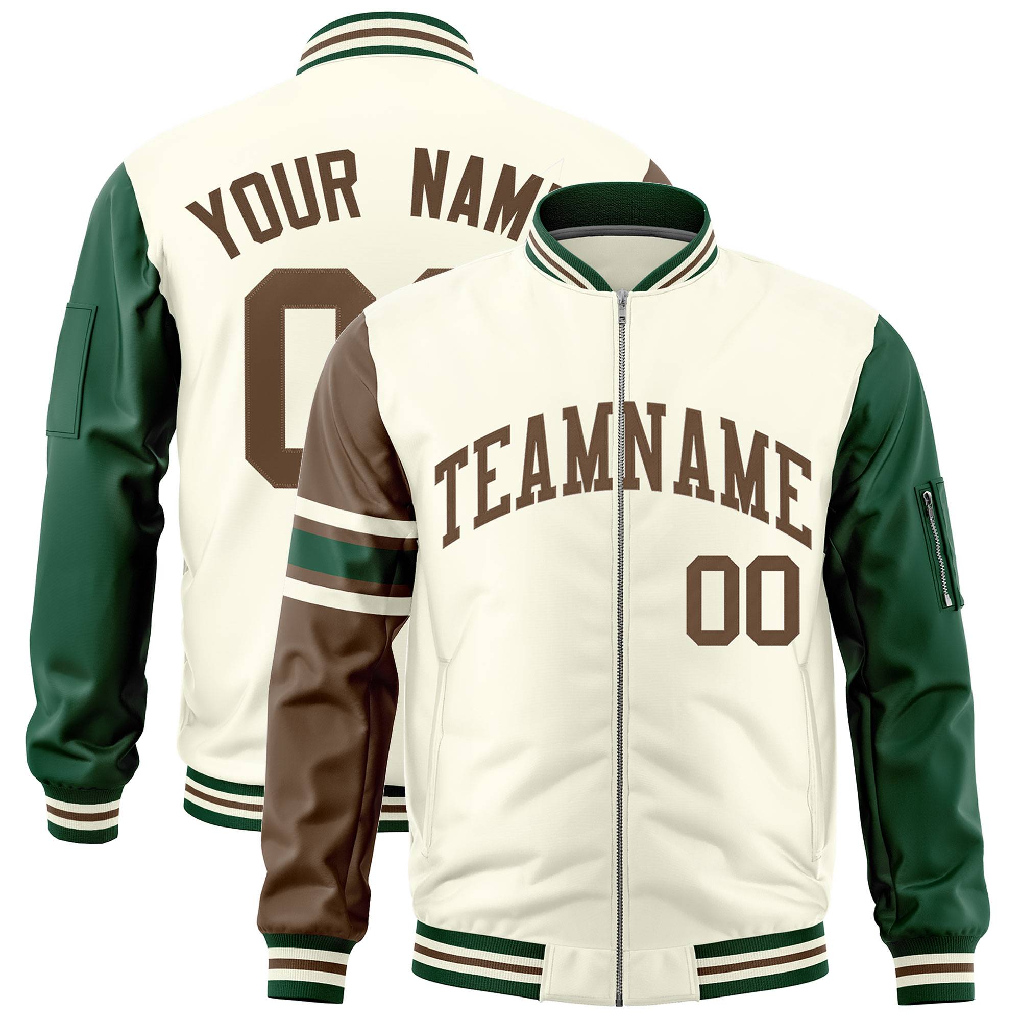 Custom Cream Light Brown-Green Varsity Full-Zip Raglan Sleeves Stripe Letterman Bomber Jacket