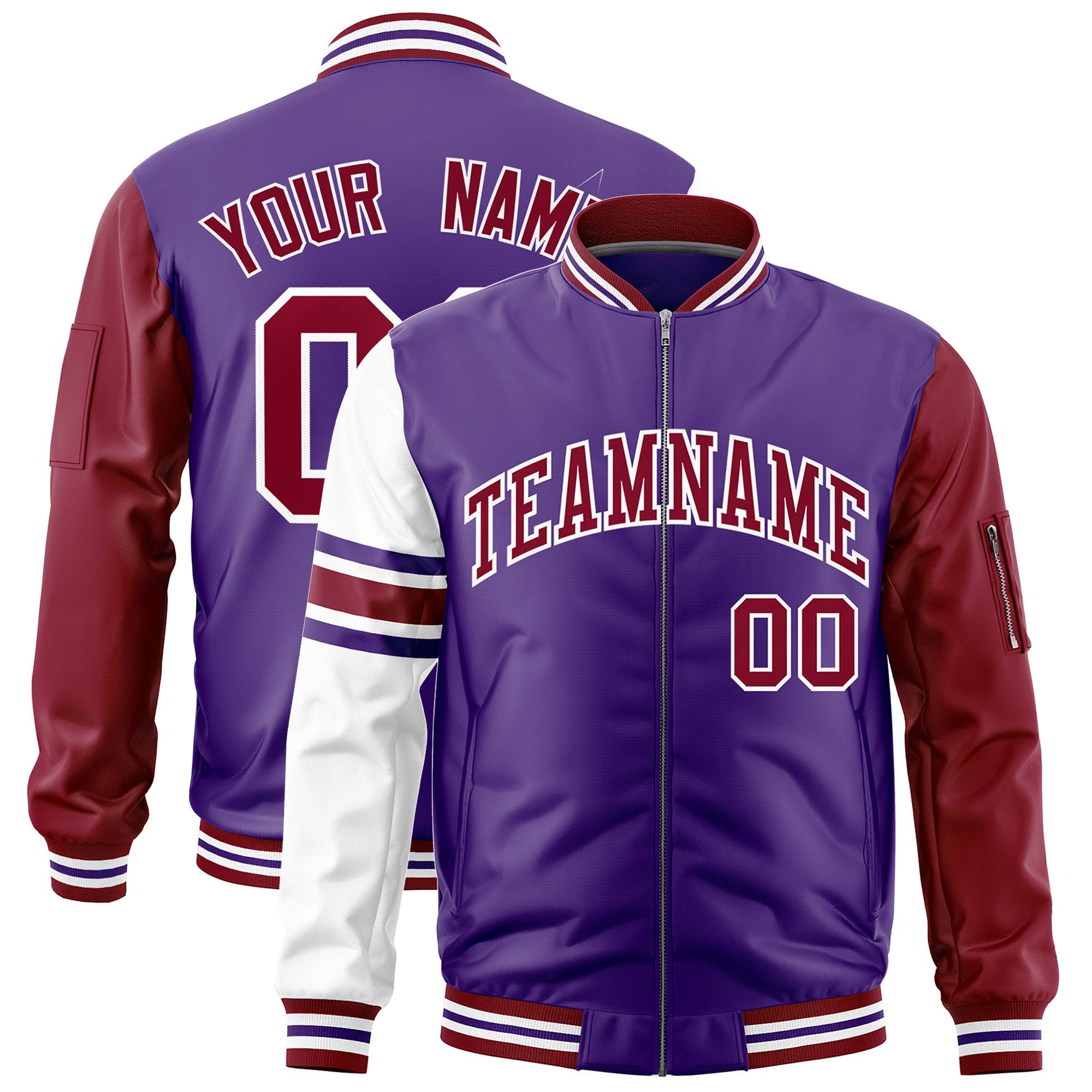 Custom Purple Crimson-White Varsity Full-Zip Raglan Sleeves Stripe Letterman Bomber Jacket