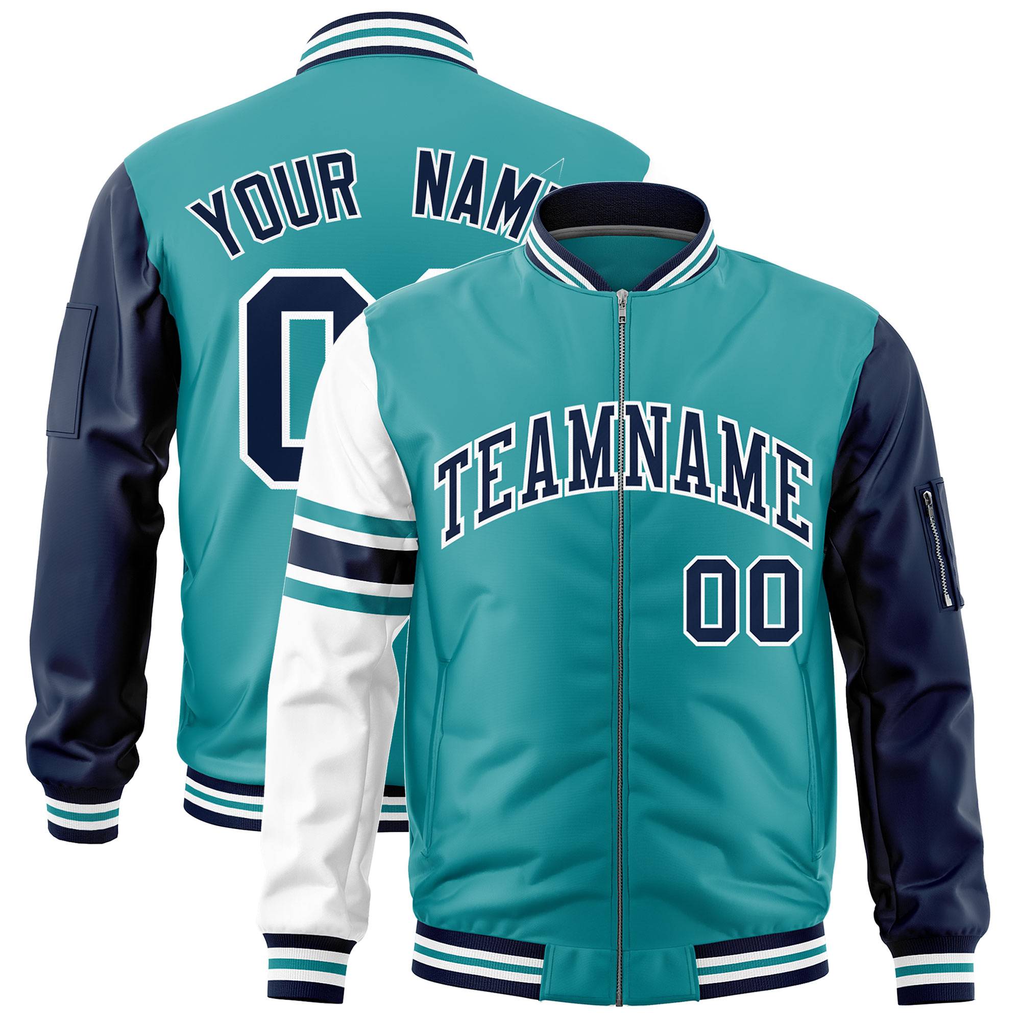 Custom Aqua Navy-White Varsity Full-Zip Raglan Sleeves Stripe Letterman Bomber Jacket