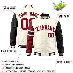 Custom Cream Crimson-Black Varsity Full-Zip Raglan Sleeves Stripe Letterman Bomber Jacket