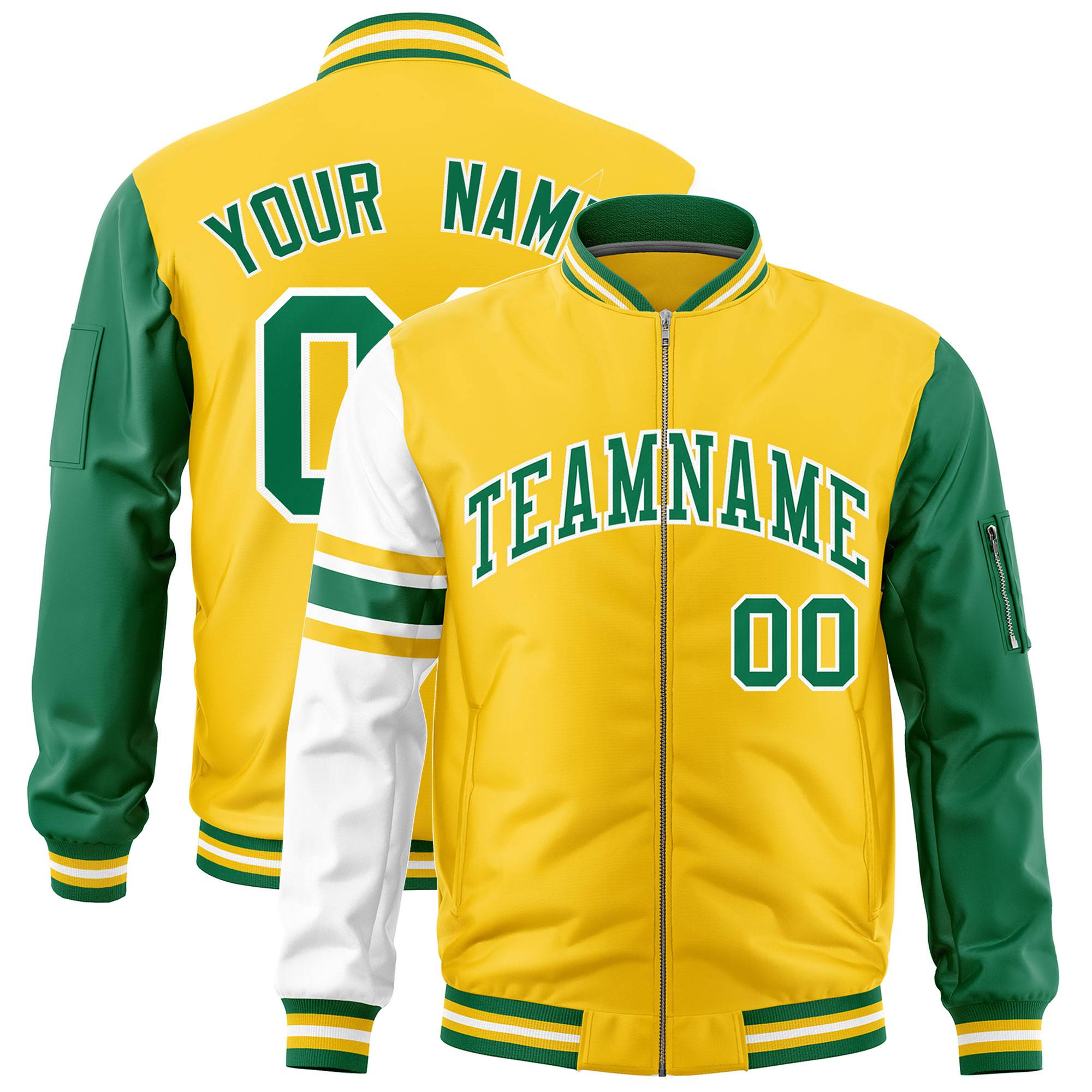 Custom Gold Kelly Green-White Varsity Full-Zip Raglan Sleeves Stripe Letterman Bomber Jacket