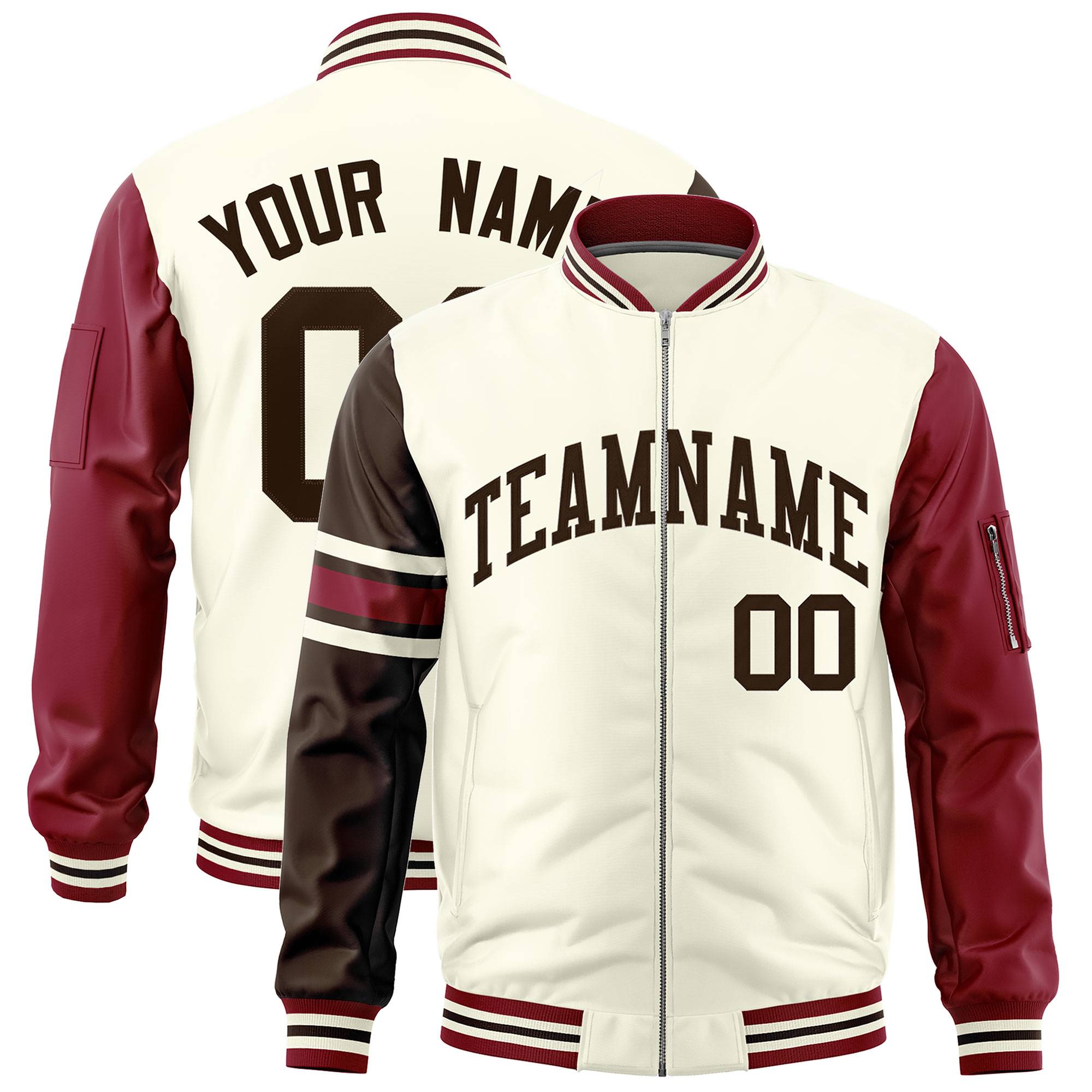 Custom Cream Brown-Crimson Varsity Full-Zip Raglan Sleeves Stripe Letterman Bomber Jacket