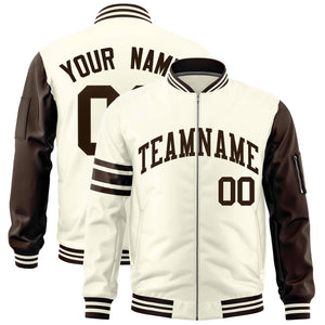 Custom Cream Brown Varsity Full-Zip Raglan Sleeves Stripe Letterman Bomber Jacket