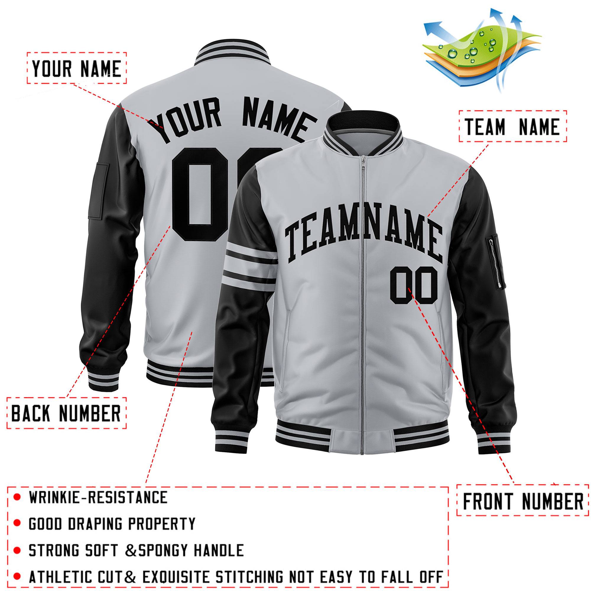 Custom Silver Black Varsity Full-Zip Raglan Sleeves Stripe Letterman Bomber Jacket