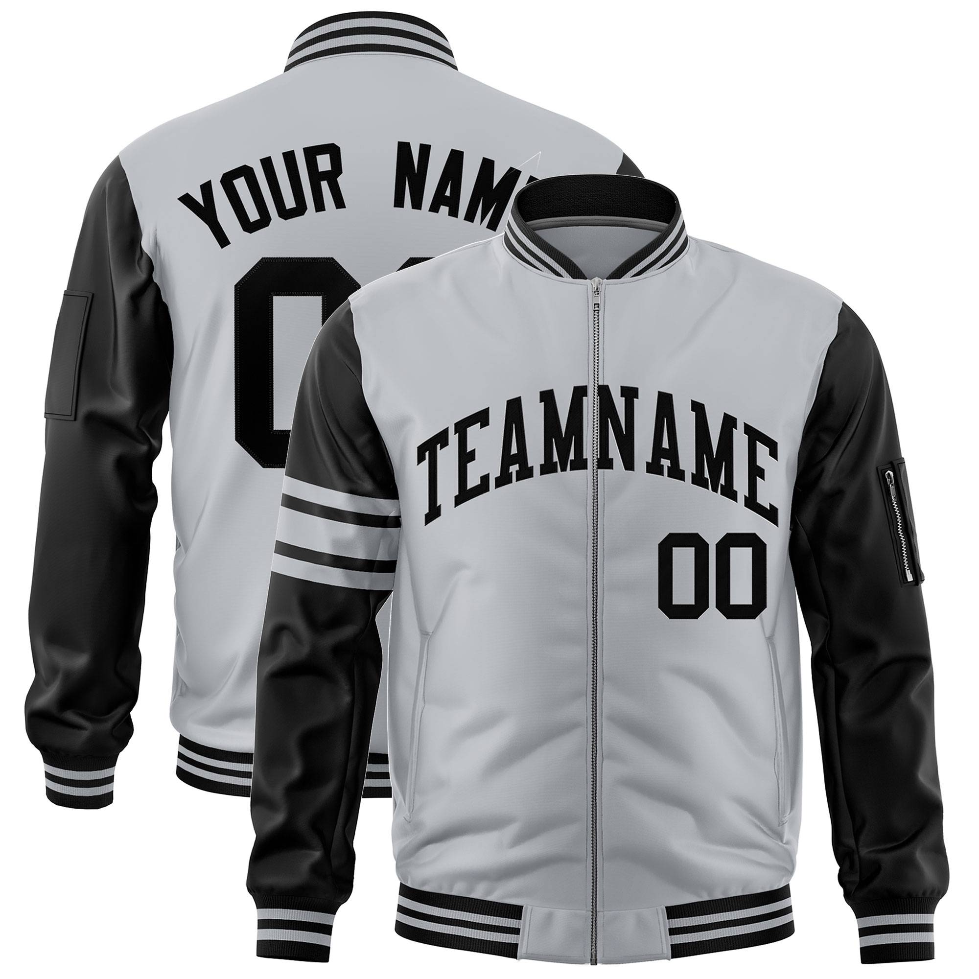 Custom Silver Black Varsity Full-Zip Raglan Sleeves Stripe Letterman Bomber Jacket